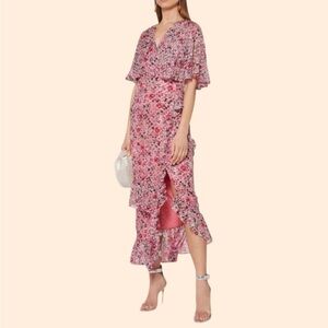 Saloni Pink Floral Silk Ruffle Maxi Dress